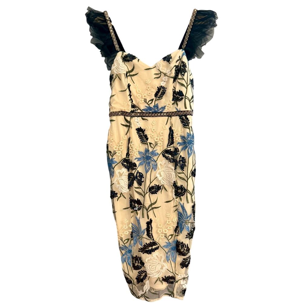 Lulus Embroidered Tulle Midi Dress S Beige Blue Black Floral Sequin Ruffle Strap